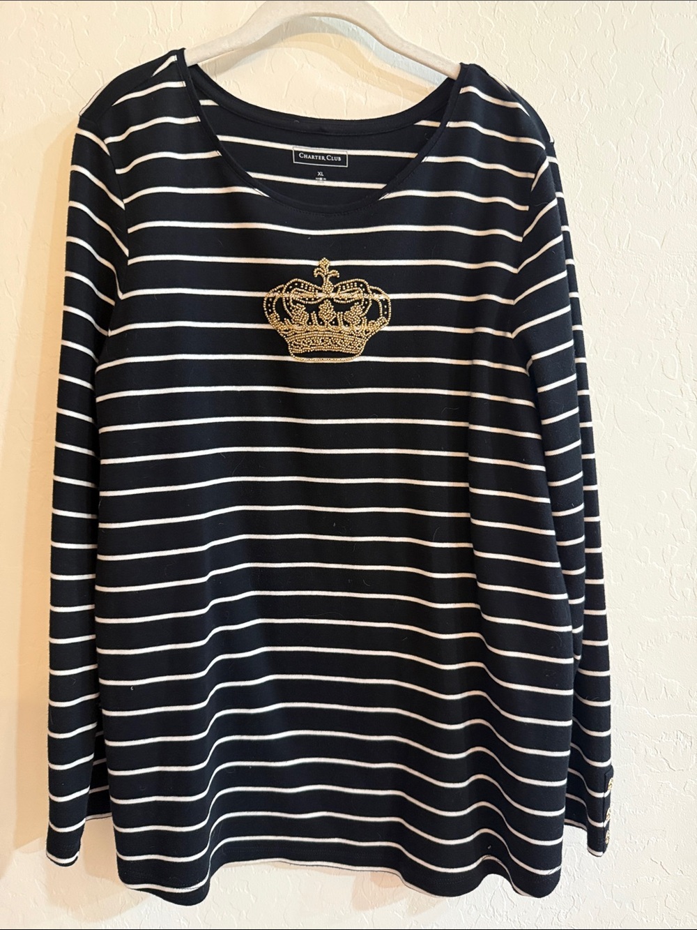 Charter Club Navy & White Striped Long-Sleeve Tee with Gold Crown Applique